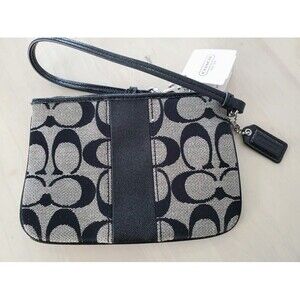 Coach Signature PVC Leather Corner Zip Wristlet - Black w/ Black Stripe New w Ta